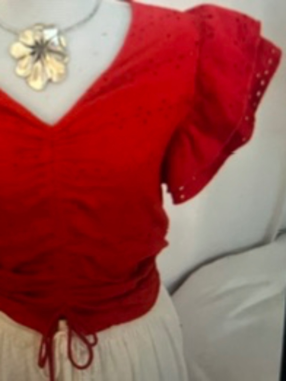 Embroidered Flutter Sleeve Ruched Tie Top (M)